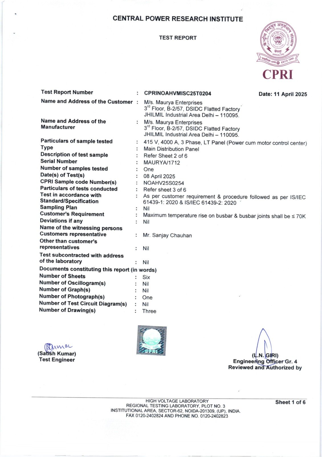 CPRI Test Report – LT Panel (415V, Main Distribution Panel)